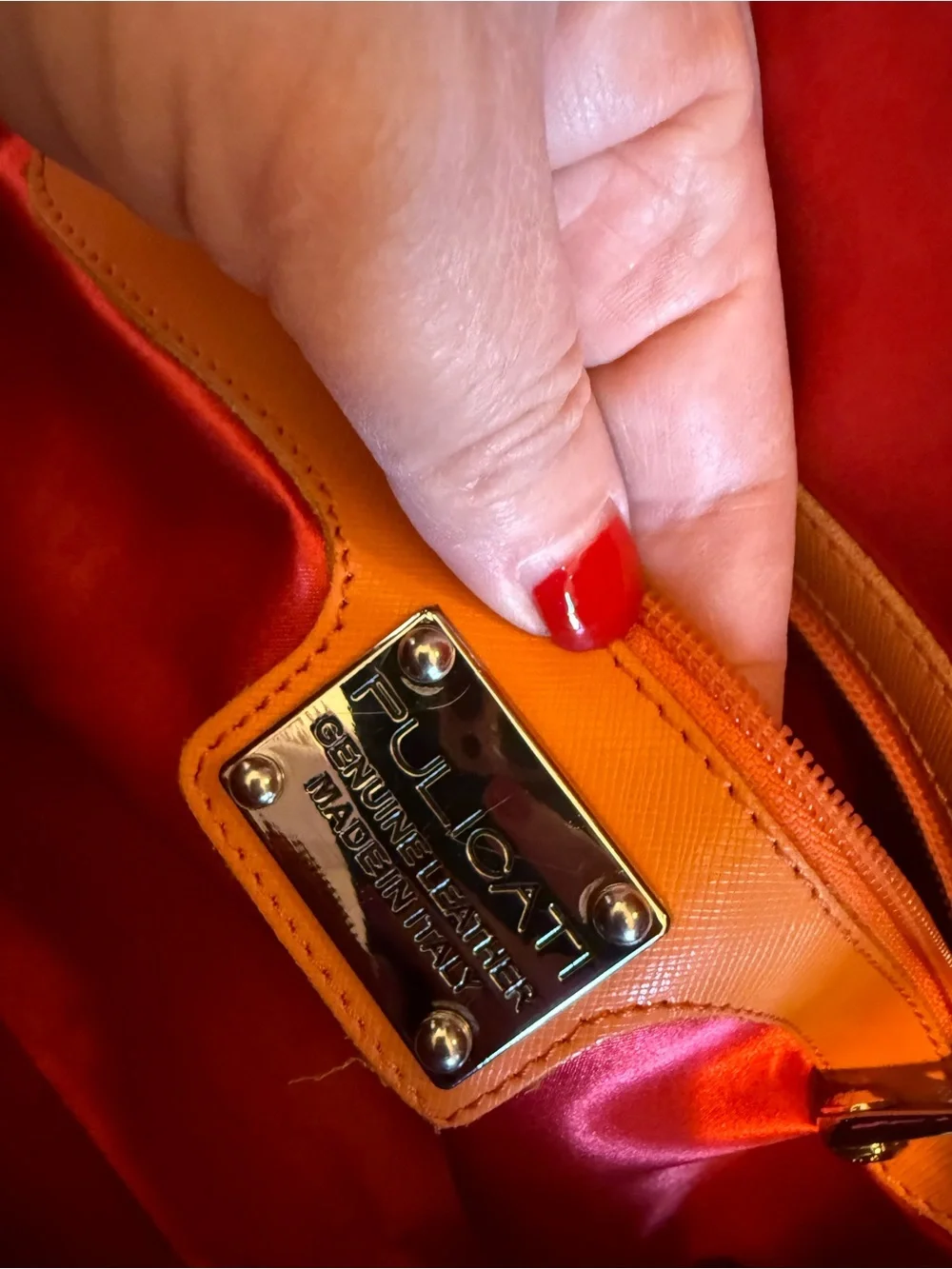 Pulicati Orange Dome Satchel with Green Dinosaur Charm